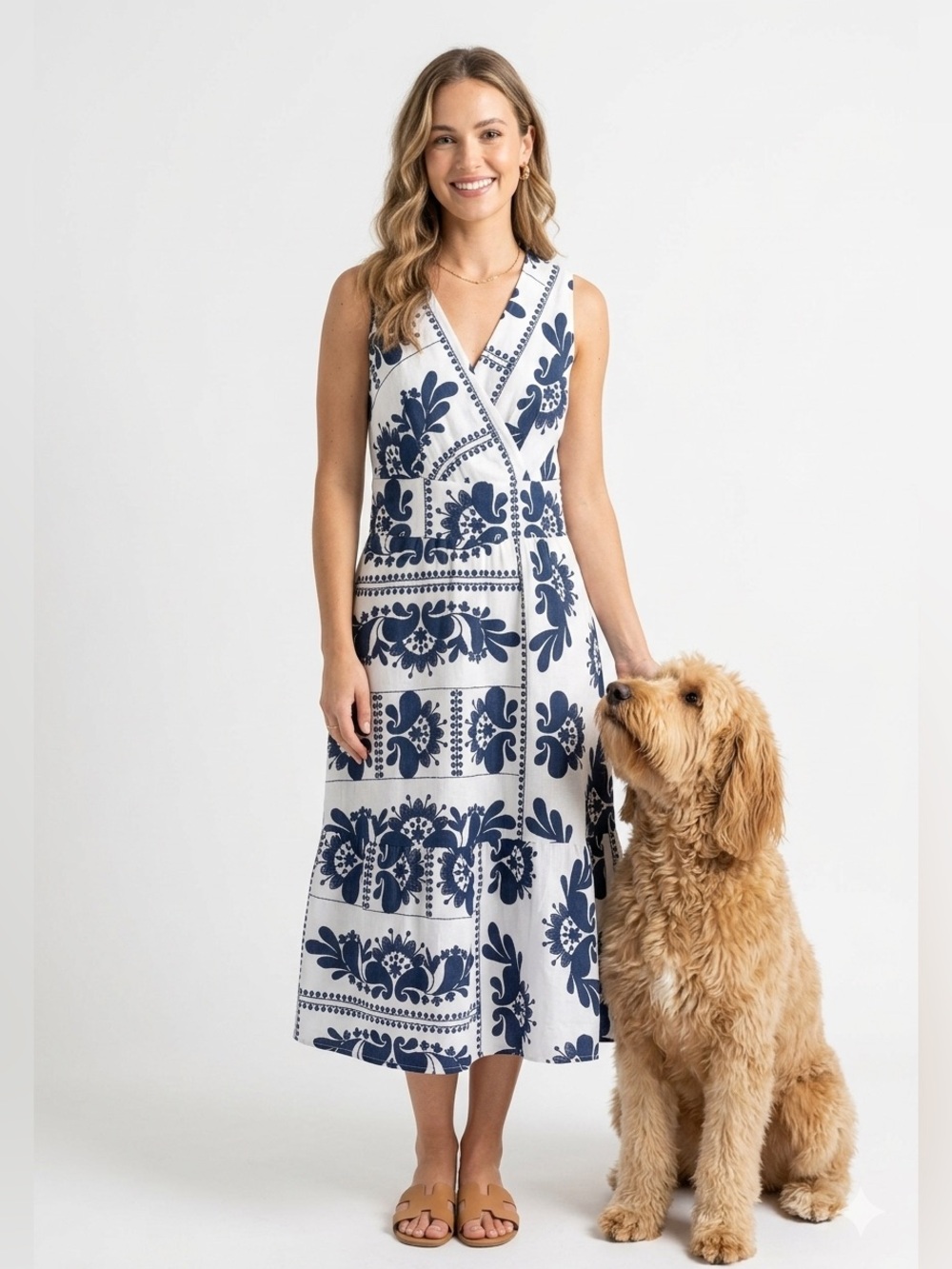 Spighe Di Lino linen blend Sleeveless White Dress with Navy Floral Print size S